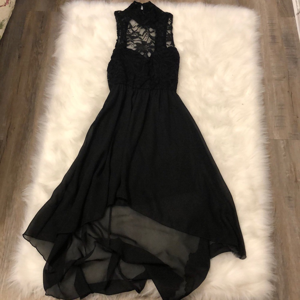 High-low dress with high neck and open back
